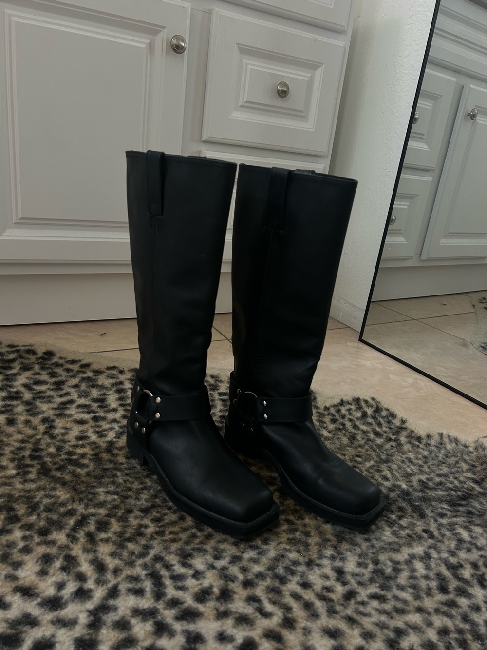 Tony Bianco Black Tall Moto Boots with Harness Detail